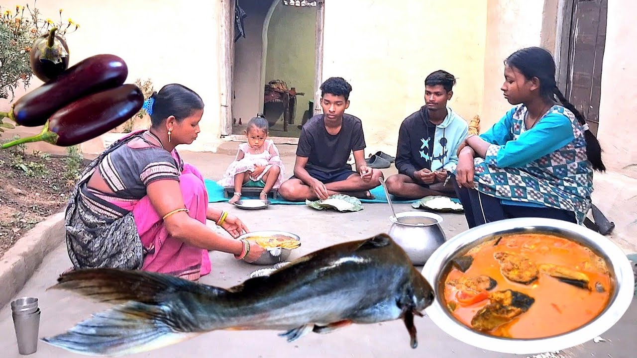 PANGAS macher recipe with BEGUN cooking and eating by tribe family l Rural cooking India