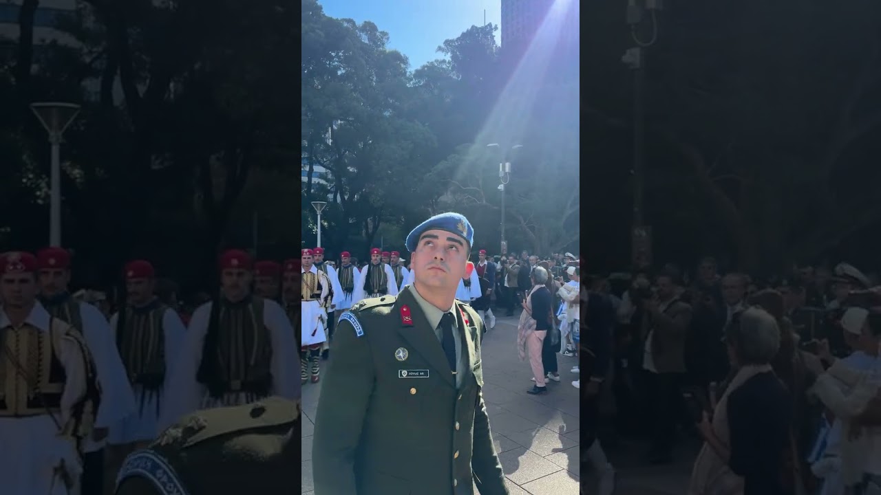 Presidential Guard of Greece marching for the first time to Hyde Park Anzac Memorial