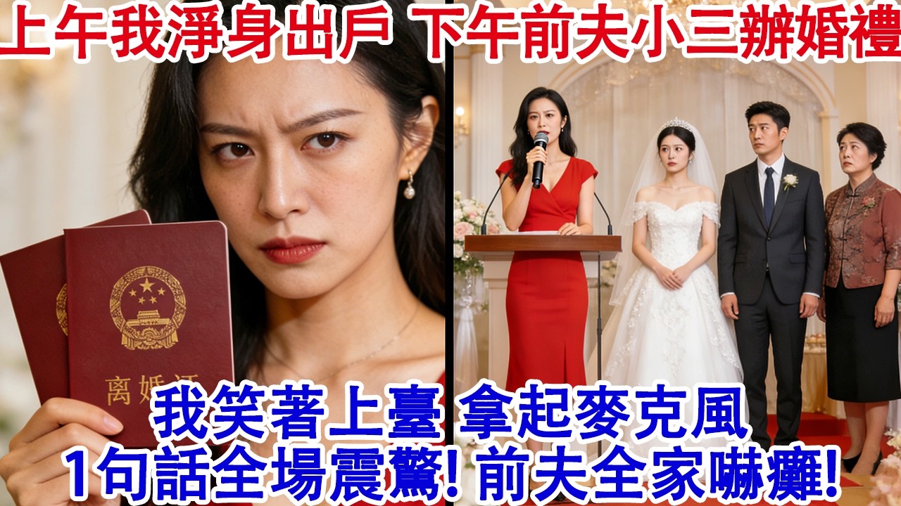 上午我淨身出戶，下午前夫在五星級酒店辦婚禮。女方長輩拿起話筒：有請酒店董事長，讓我女沾沾光。我笑著走進，拿起麥克風，1句話全場震驚！前夫一家嚇癱！#婆媳 #家庭 #婚姻 #情感故事 #為人處世