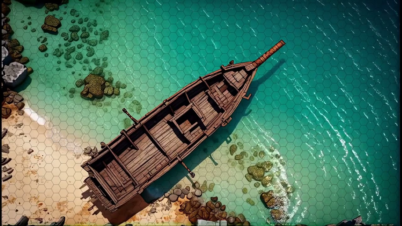 DnD compatible animated map _ Wooden Boat on Sandy Beach _ hex grid _ ambience for VTT