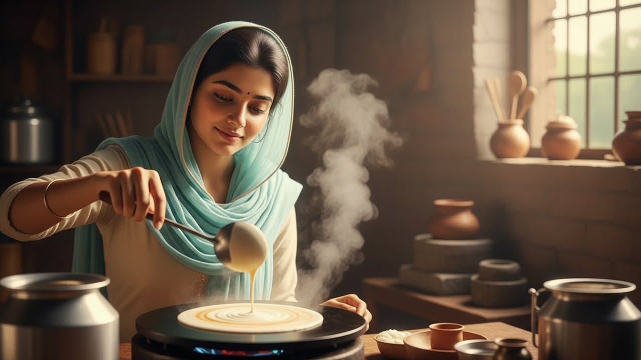 village girl morning routing cooking Breakfast masala Dosa ASMR ai animation style