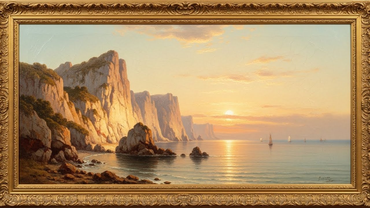 Frame TV Art with Music: 4K Vintage Oil Paintings A Classical Coastal Sunset with Majestic Cliffs