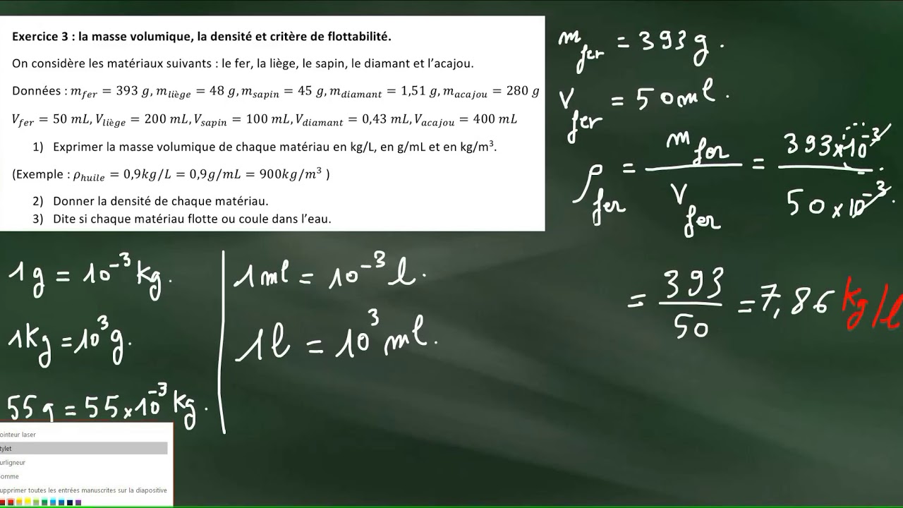 Exercice 3, la masse volumique, la densité et critère de flottabilité.