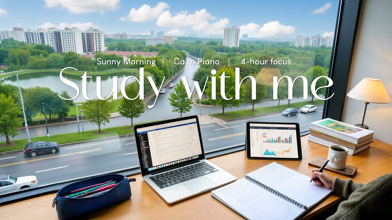 4-HOUR STUDY WITH ME 📖 Sunny Morning ☀️ Calm Piano & Bright Nature Sounds 🌳 Pomodoro 60/10