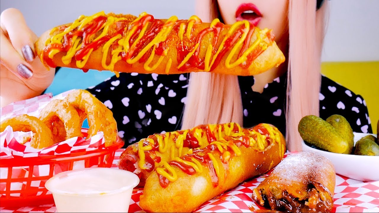 ASMR CORN DOGS, ONION RINGS, FRIED Mars Bar *MESSY* EATING SOUNDS