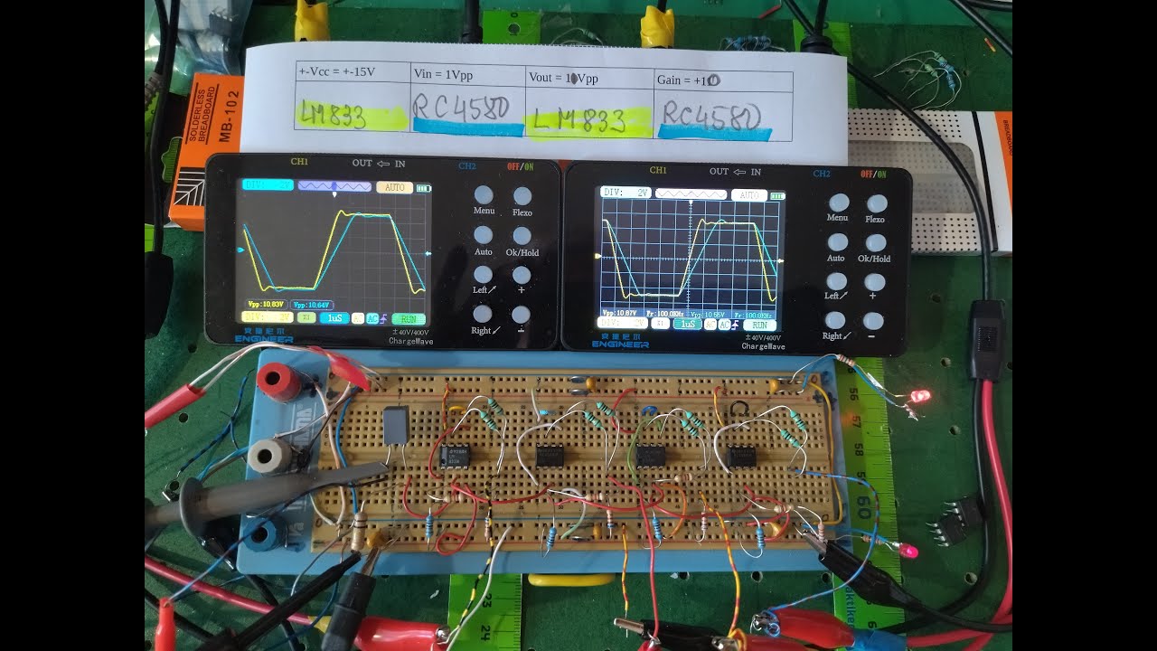 Testing  LM833 versus RC4580 - Paralleled, (G = +10, +-Vcc = +-15V, Vout = approx 10Vpp, RL =680Ohm)