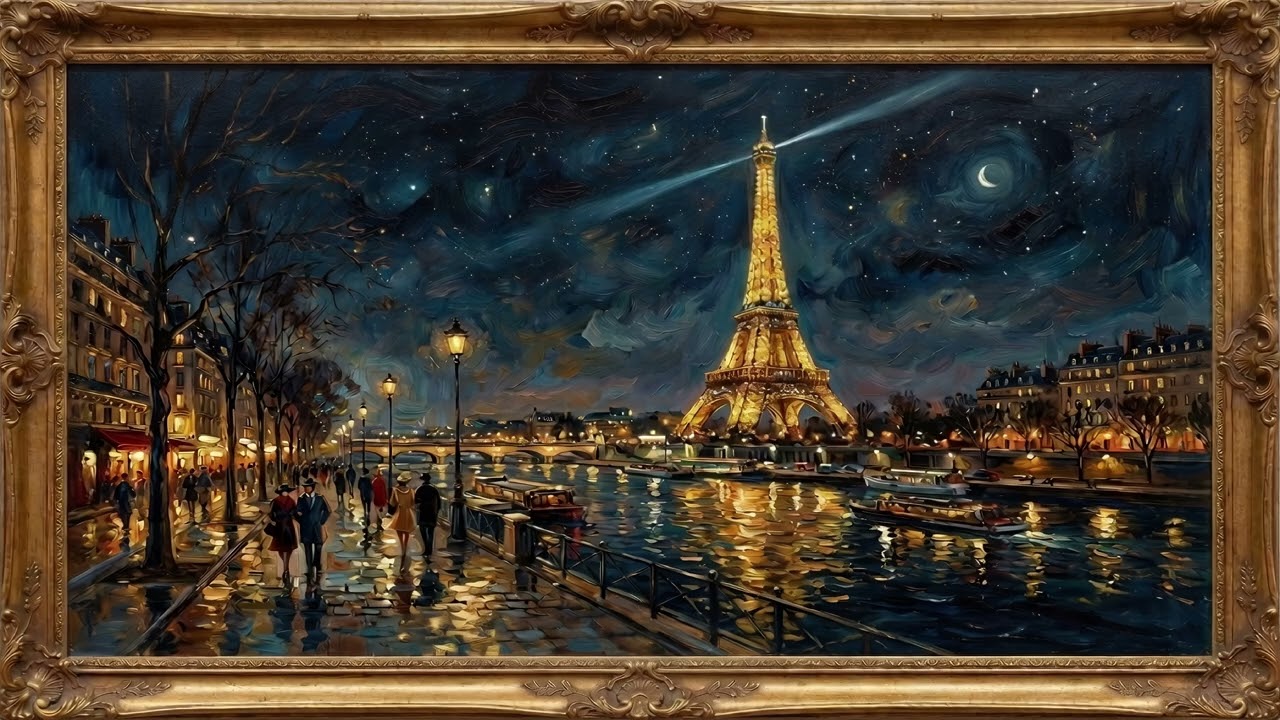 4K TV Frame Art - Gold Frame - Vintage Oil Painting - Paris Night - Wallpaper
