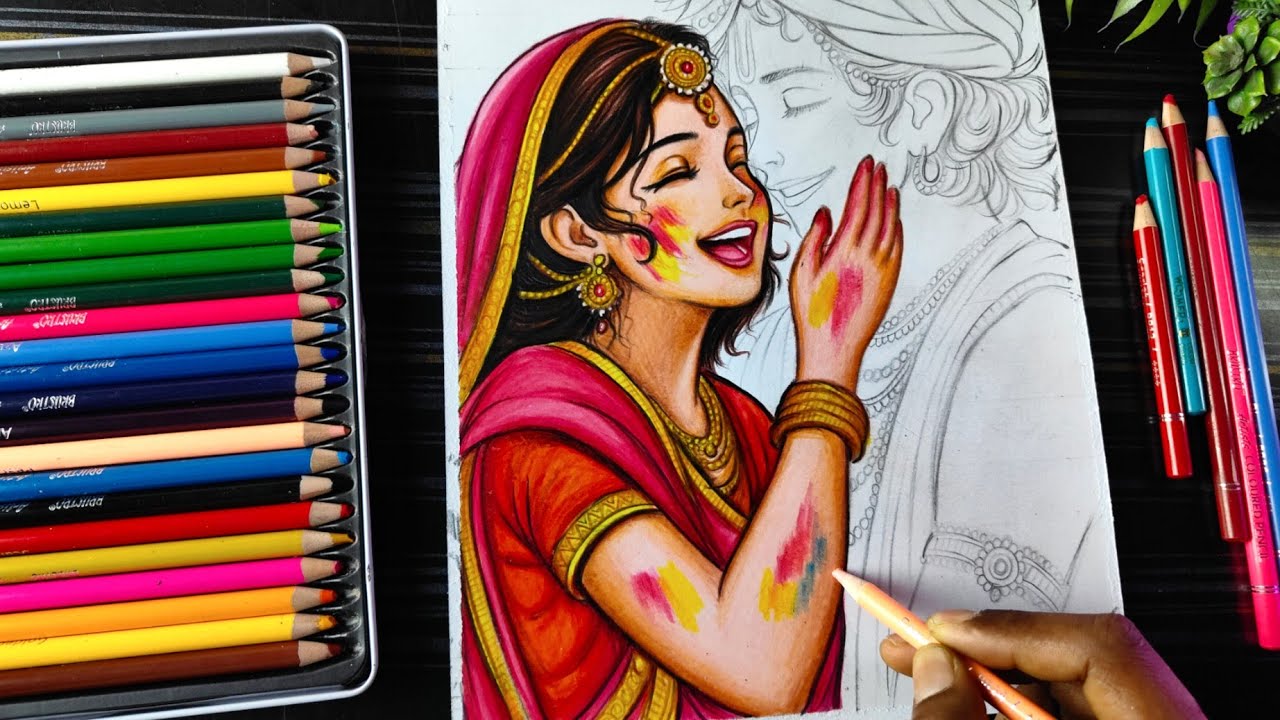 Radha Krishna Holi Drawing Colour, How To Draw Radhakrishna Playing Holi Animestyle,  Colour Part 1
