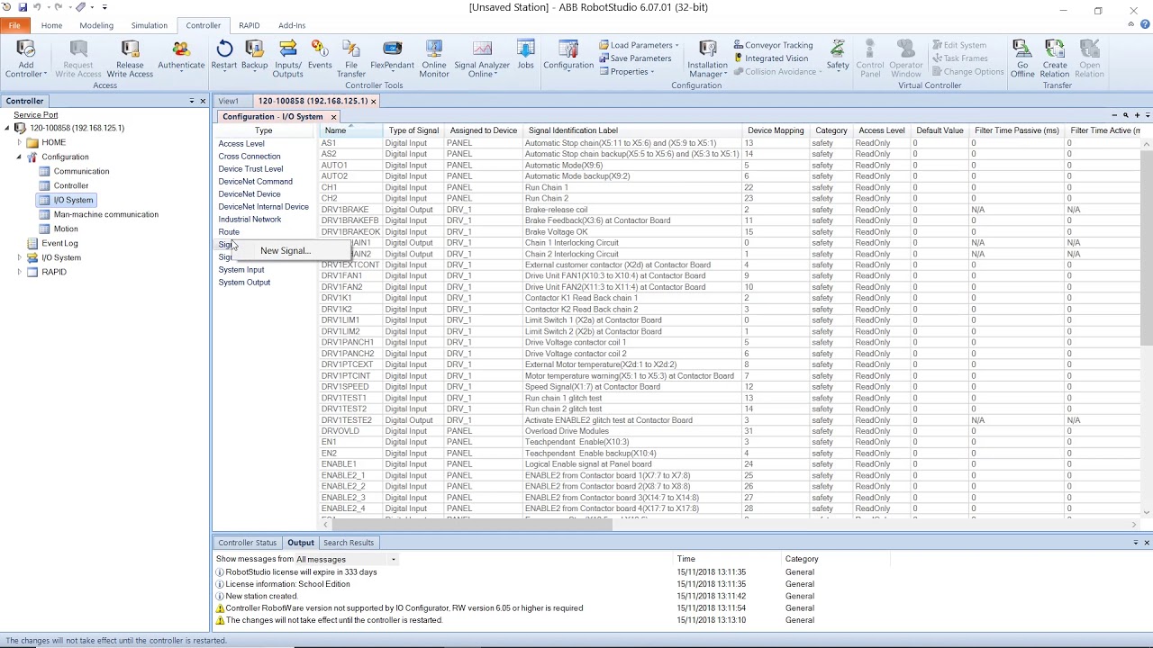 I/O setup on the ABB IRB 120 using the IRC5 compact controller