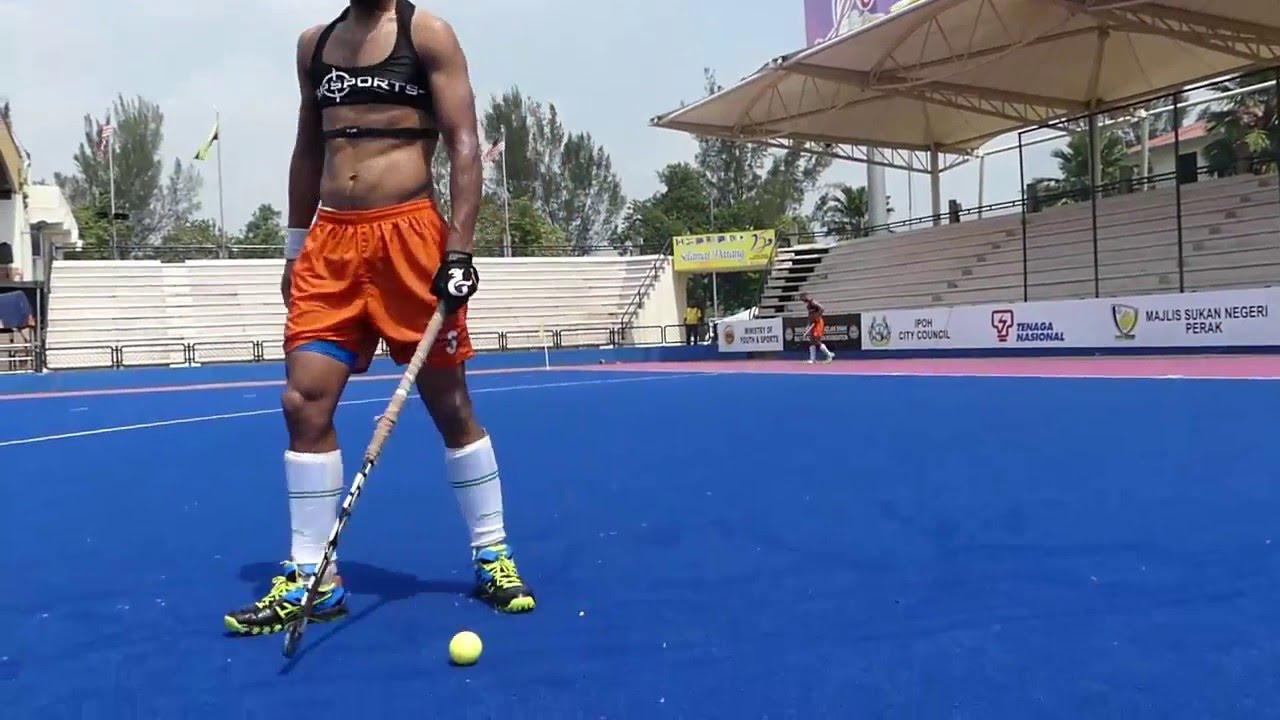 Rupinderpal Singh drag flick. Hockey India team member Rupinder practicing his drag flick.