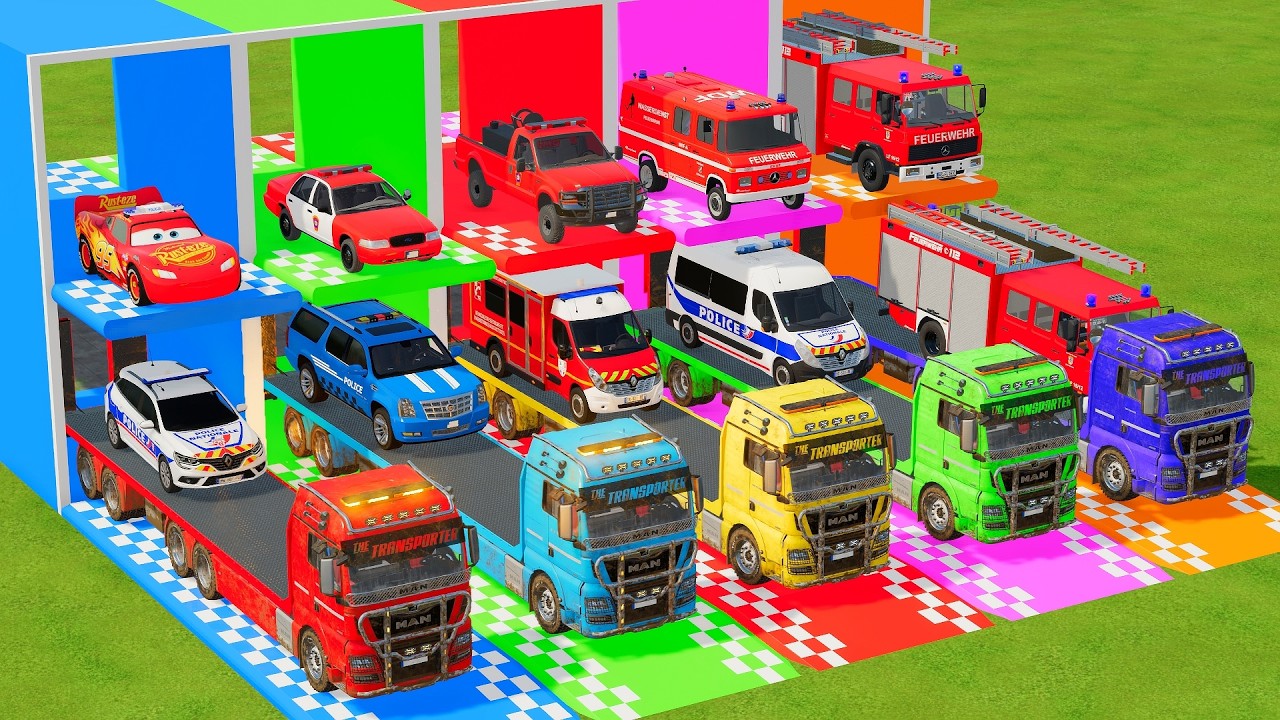 DACIA, MCQUEEN CAR, FORD POLICE CARS, AMBULANCE EMERGENCY TRANSPORTING WITH TRUCKS ! FS22 0202 #8