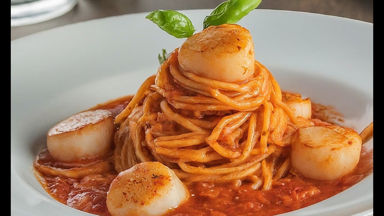 I made spaghetti with sea scallops and Rao's tomato sauce! Quick and easy pasta dinner recipe