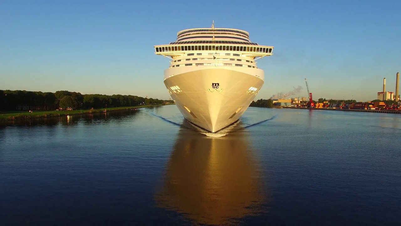 MSC Splendida Cruise Ship drone view at sunrise