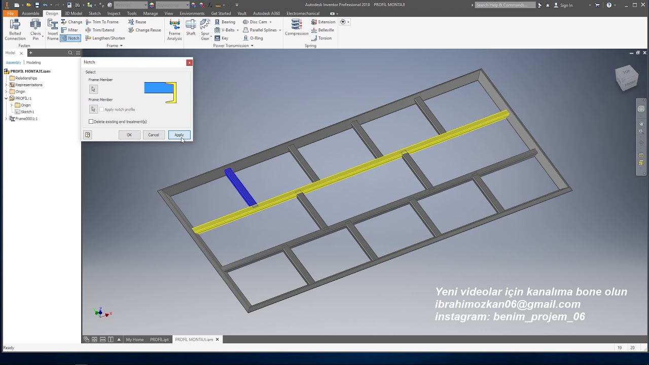 inventor profil montajı (Sketch, Place from, kutu profil) iam. idw. ipt. dwg. step.