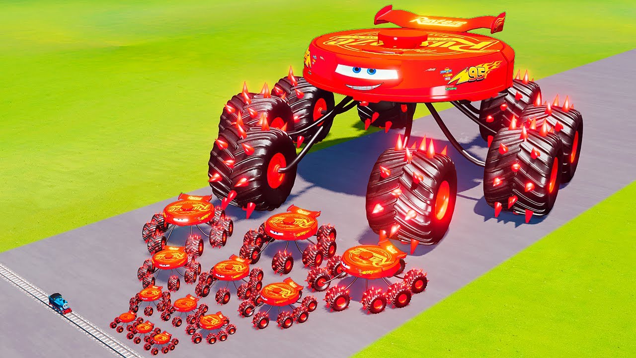Big & Small Spider Vacuum Cleaner McQueen Monster Truck Spiked Thorns vs Thomas Train BeamNG.drive