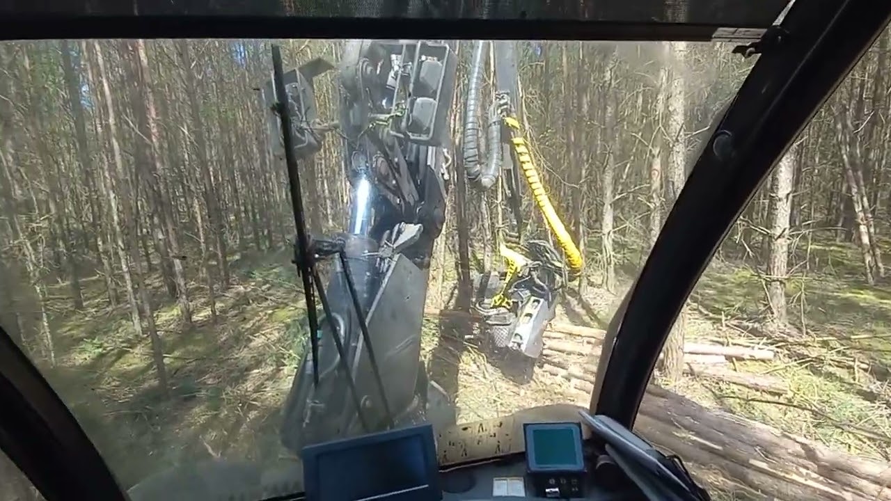 ATAT: Oldtimer Harvester Timberjack 770 @ work. Inside Cab View.