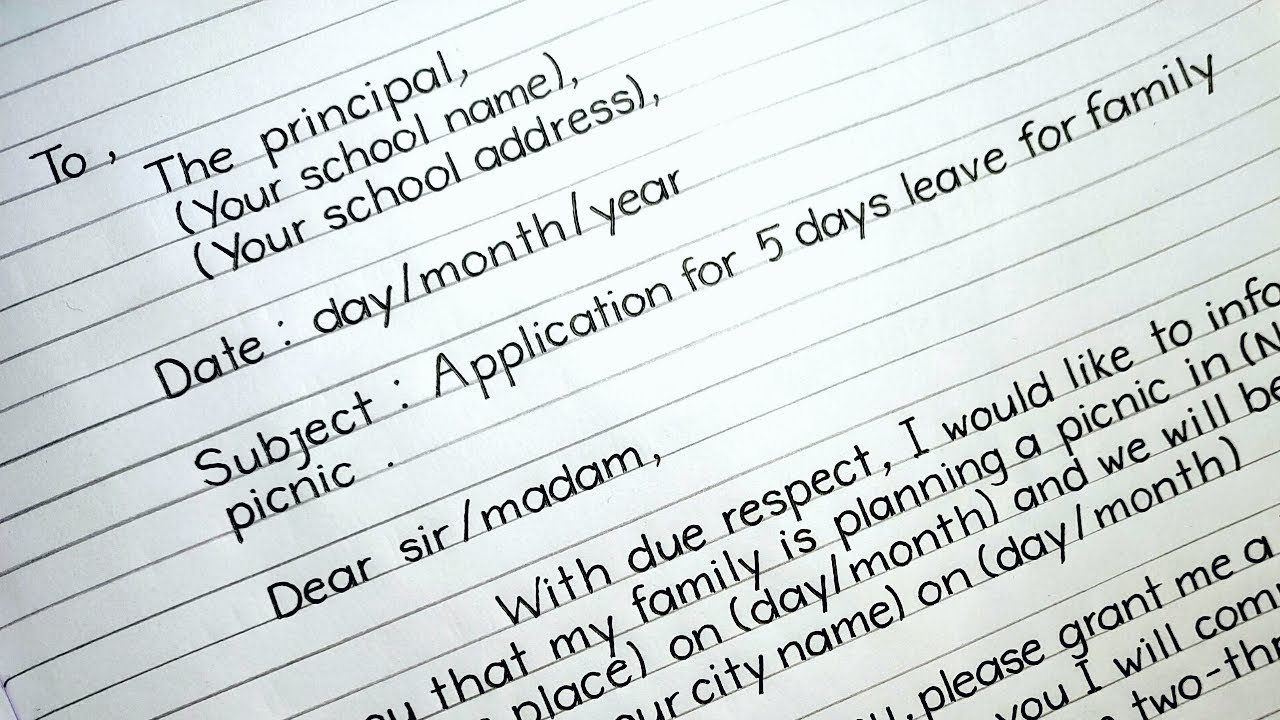 Leave Application to School Principal For Family Picnic in English | application letter | iNote