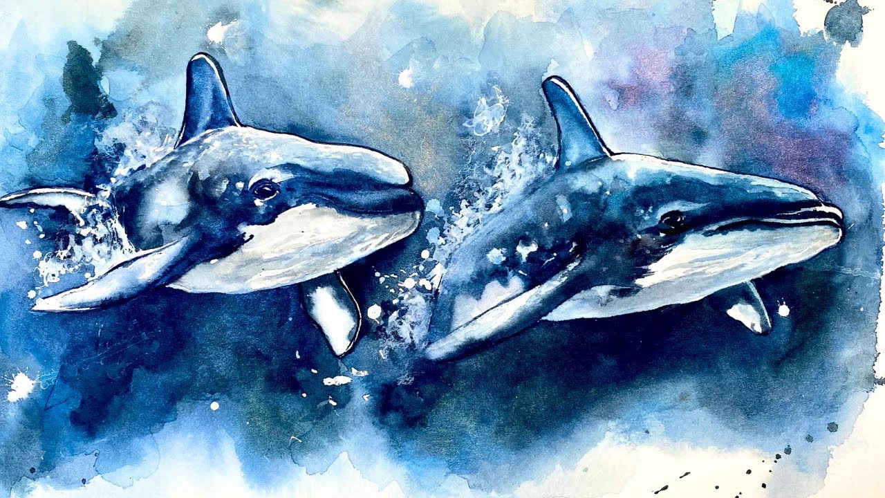 Glowing Orcas in Watercolor 💙🐋✨ | Easy Ocean Splash Background 🌊