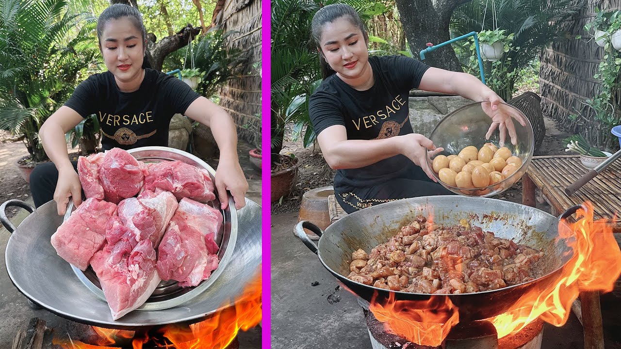 Tasty braised pork belly with egg cooking - Cooking with Sreypov
