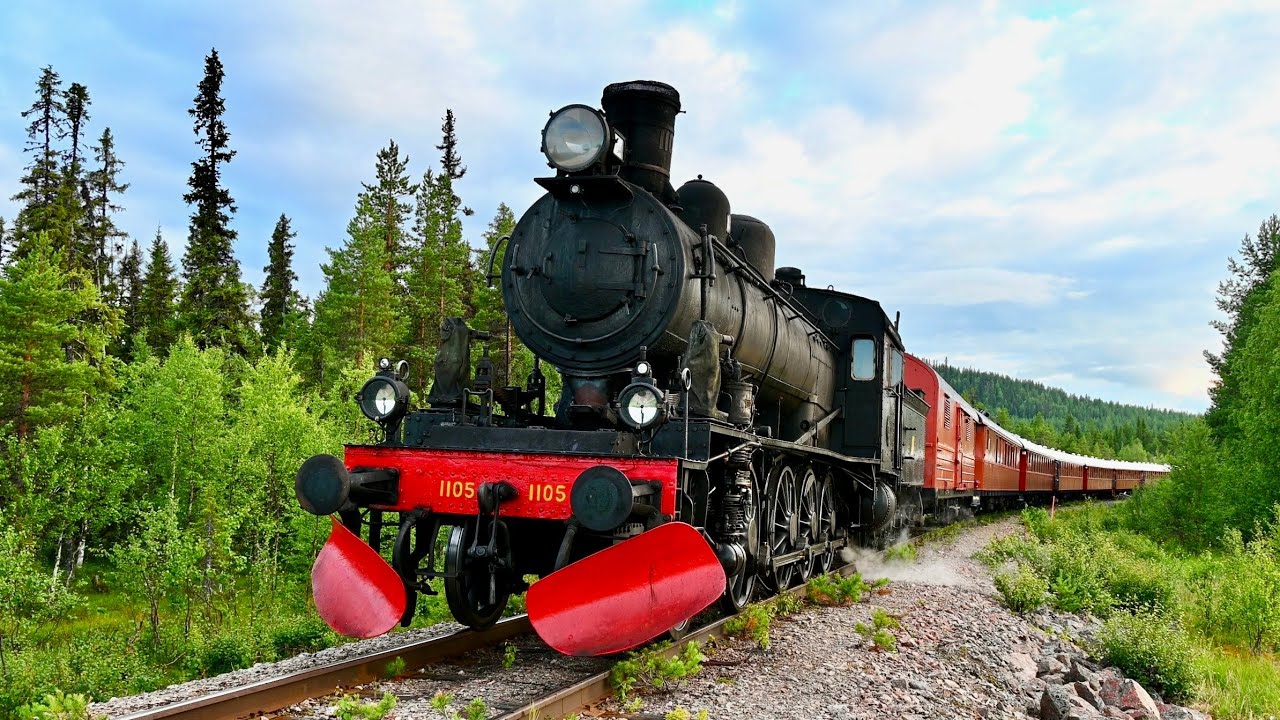Scenic journey with steam train through northern Sweden