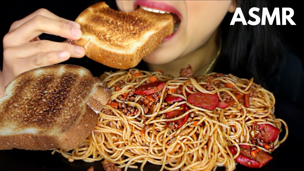 ASMR Filipino-Style Spaghetti and Toasted Bread EATING SOUND MUKBANG