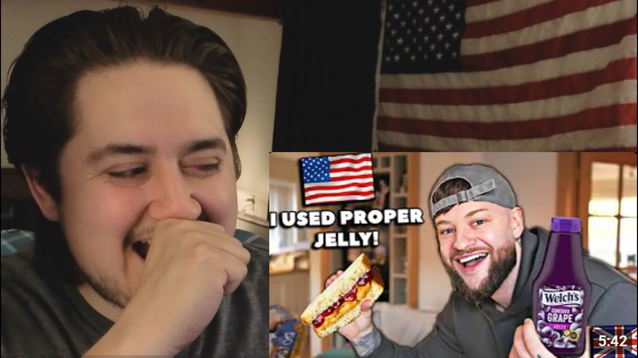 American Reacts to British Guy tries American PB&J sandwich with AMERICAN JELLY!
