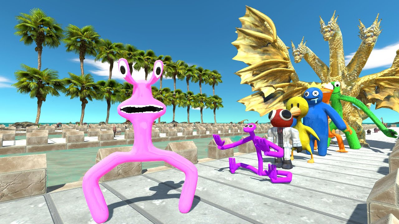 Rainbow Friends Pink vs Ghidorah COCONUT ISLAND DEATH RUN - Animal Revolt Battle Simulator