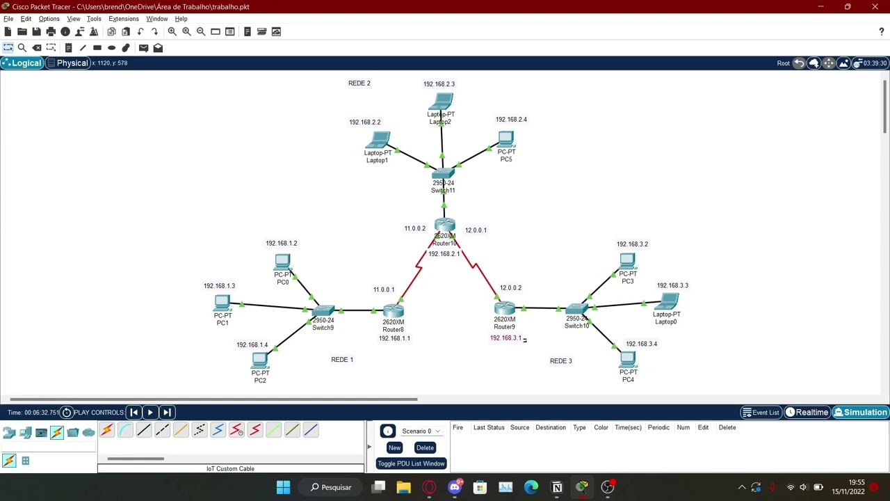 Demonstração de rede com 3 roteadores  - Cisco Packet Tracer