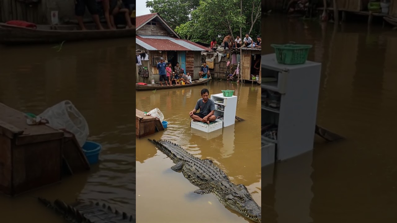 HEBOH! BANJIR VIRAL 2025, BAPAK INI MANCING PADAHAL BUAYA MENGINTAI DI BAWAHNYA! 🐊🌊