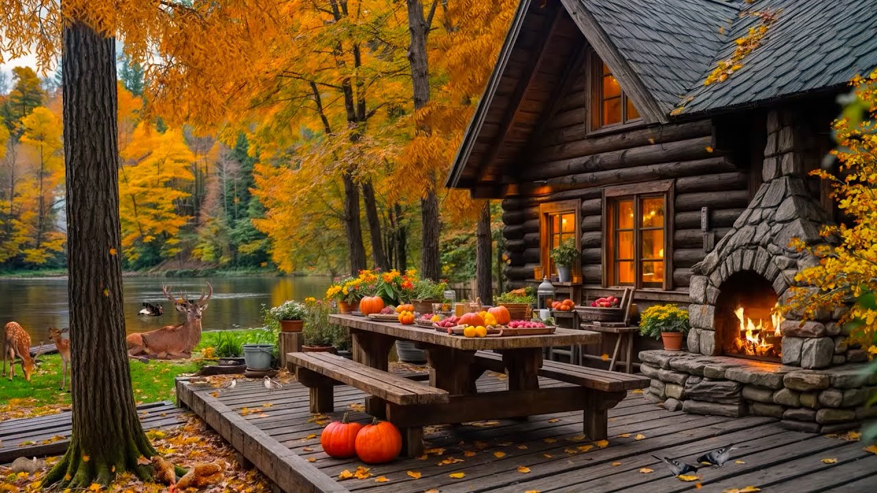 🍂 Cozy Autumn Kitchen Outdoor🔥Fireplace, Windchimes, Pumpkins & Gentle Deer in Golden Fall Serenity🦌
