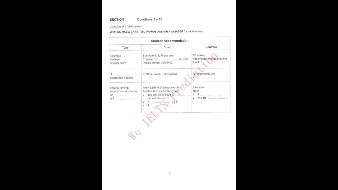 Orignal IELTS listening paper part 1 student accommodation