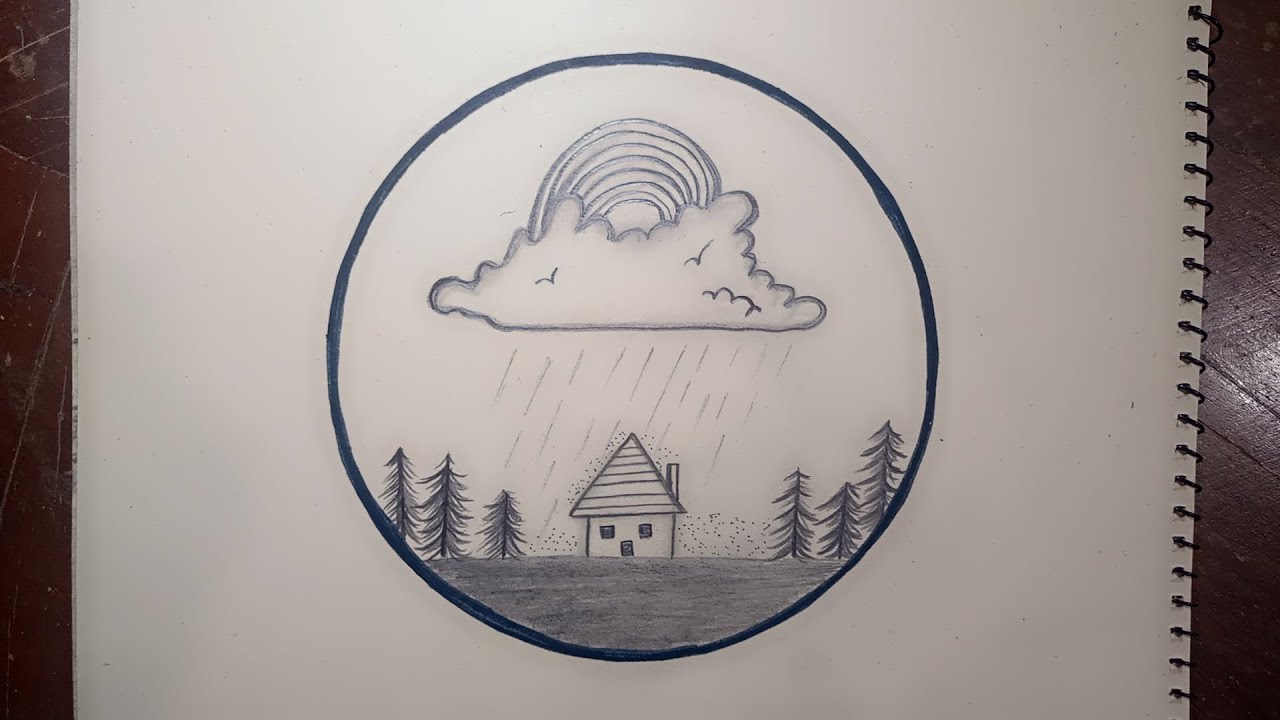 Pencil drawing in circle || rainbow drawing || circle drawing scenery 