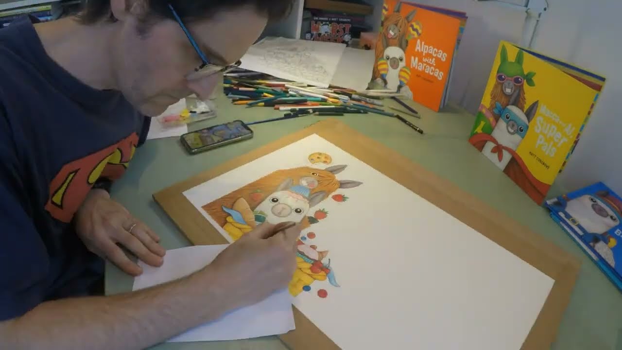 Time lapse of author/illustrator Matt Cosgrove painting & drawing the cover for Alpaca Picnic Panic