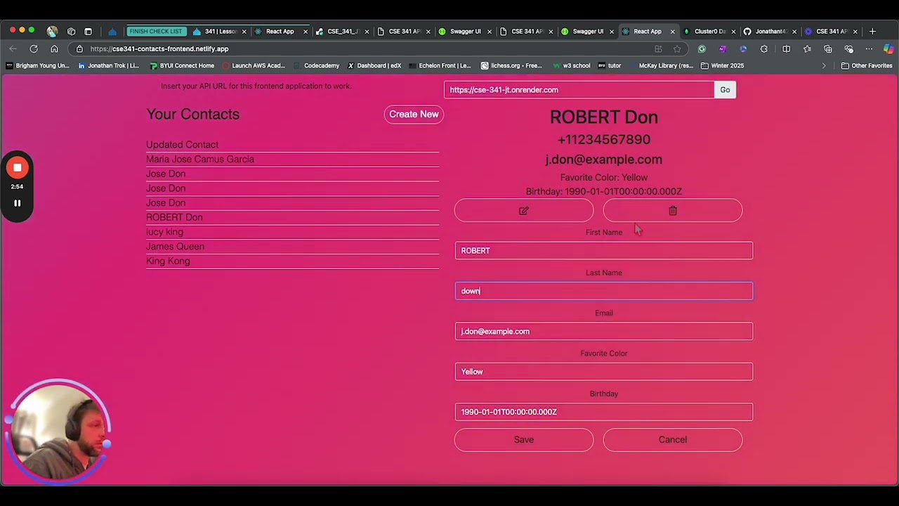 CSE 341: Contacts API Project | Full-Stack Deployment with Swagger, MongoDB, and React