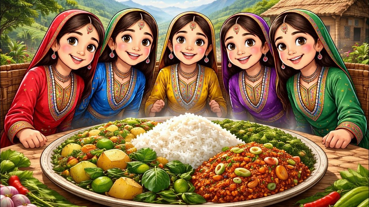 Tiny Punjabi Mountain Girls Cooking Boiled Vegetables with Special Chili Bhorta & Hot Rice
