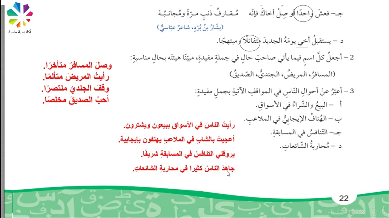 الصف العاشر/درس الحال وحل أسئلته/الوحدة السادسة/الفصل الثاني/مجدولين الحريري