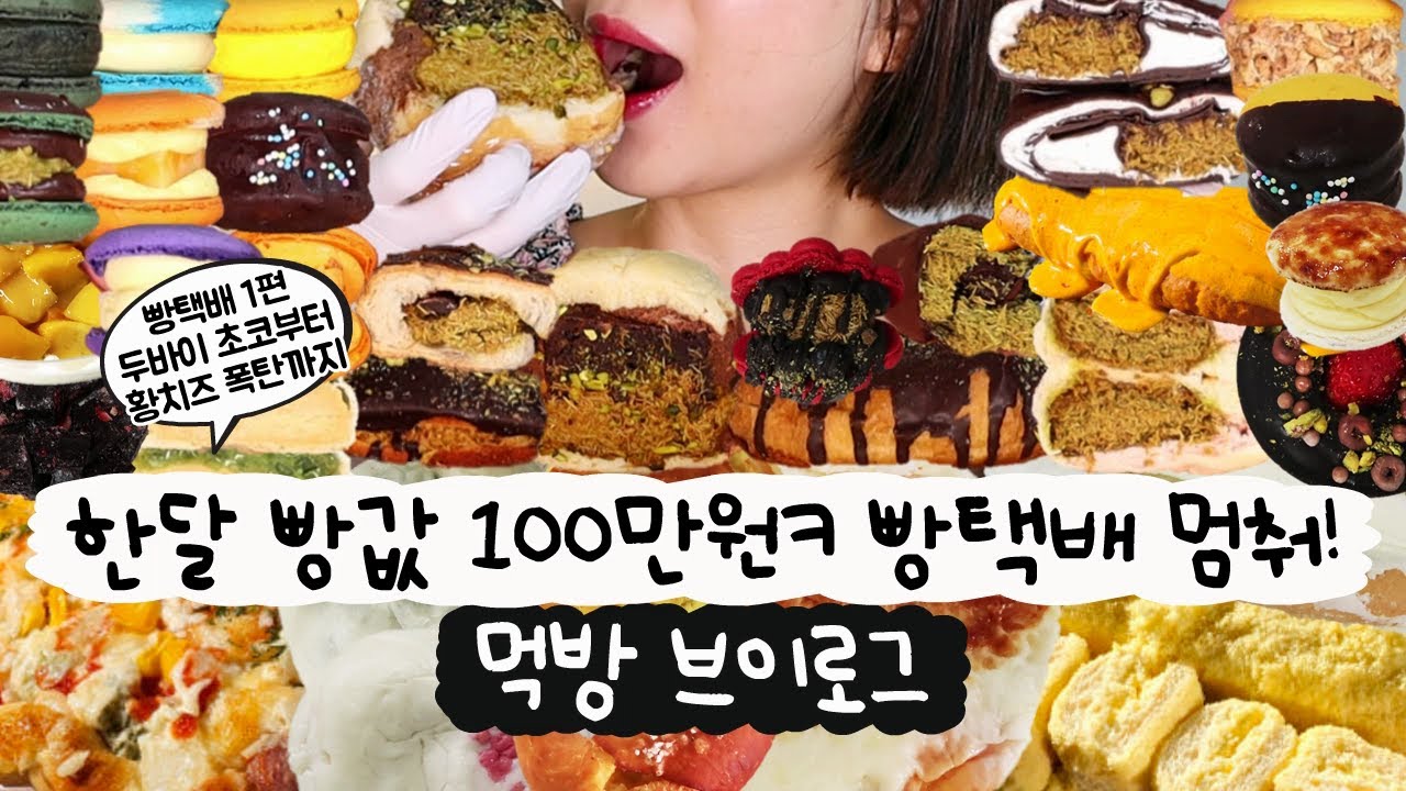 [먹방 브이로그] 레전드 두바이 초콜릿 폭주🍫빵택배를 어떻게 참아요💦(샌드베이글, 마카롱, 떠먹케, 수건케이크, 쫀득쿠키, 하얀풍차, 황치즈바게트, 디저트먹방, 빵먹방)