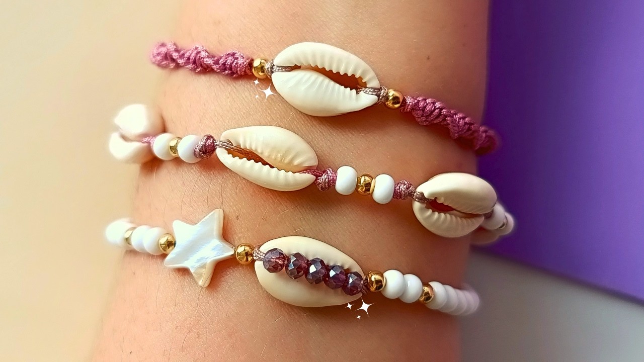 🌟 БРАСЛЕТЫ для ПЛЯЖА с РАКУШКАМИ 🐚 3 различных дизайна, как сделать браслеты из НИТЕЙ в макраме