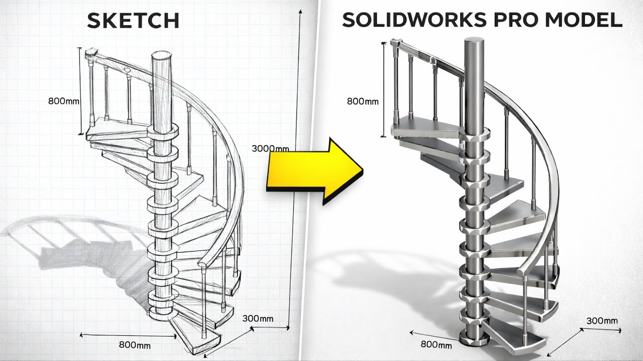 Spiral Stairs Design in SolidWorks | Complete 3D Modeling Tutorial 🔥