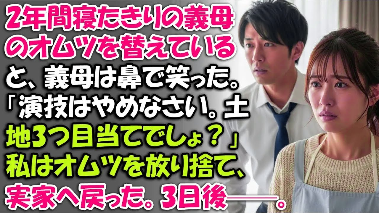 2年間寝たきりの義母のオムツを替えていると、義母は鼻で笑った。「演技はやめなさい。土地3つ目当てでしょ？」私はオムツを放り捨て、実家へ戻った。3日後——。【嫁姑の真実】【静かな逆転】