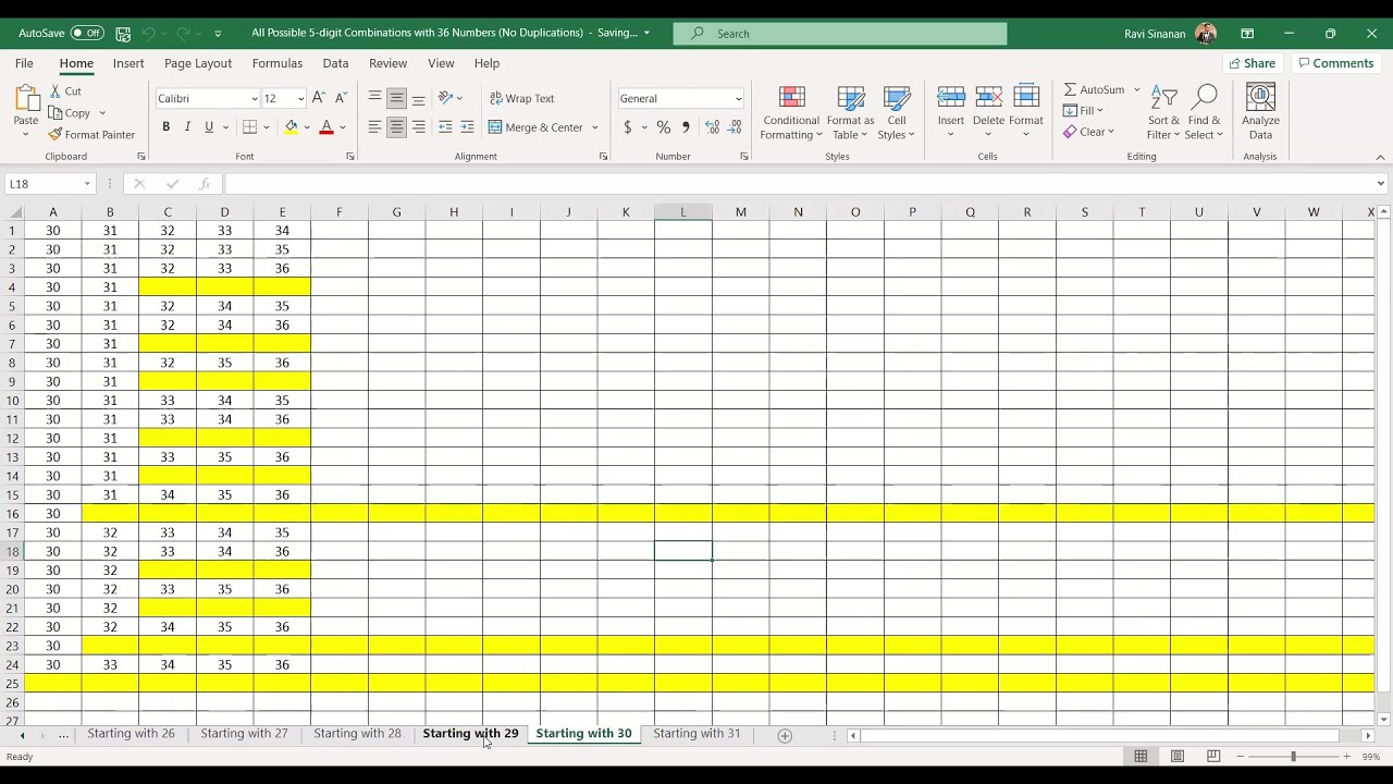 ALL the 5 Digit Combinations Possible with 36 Numbers (No duplications)
