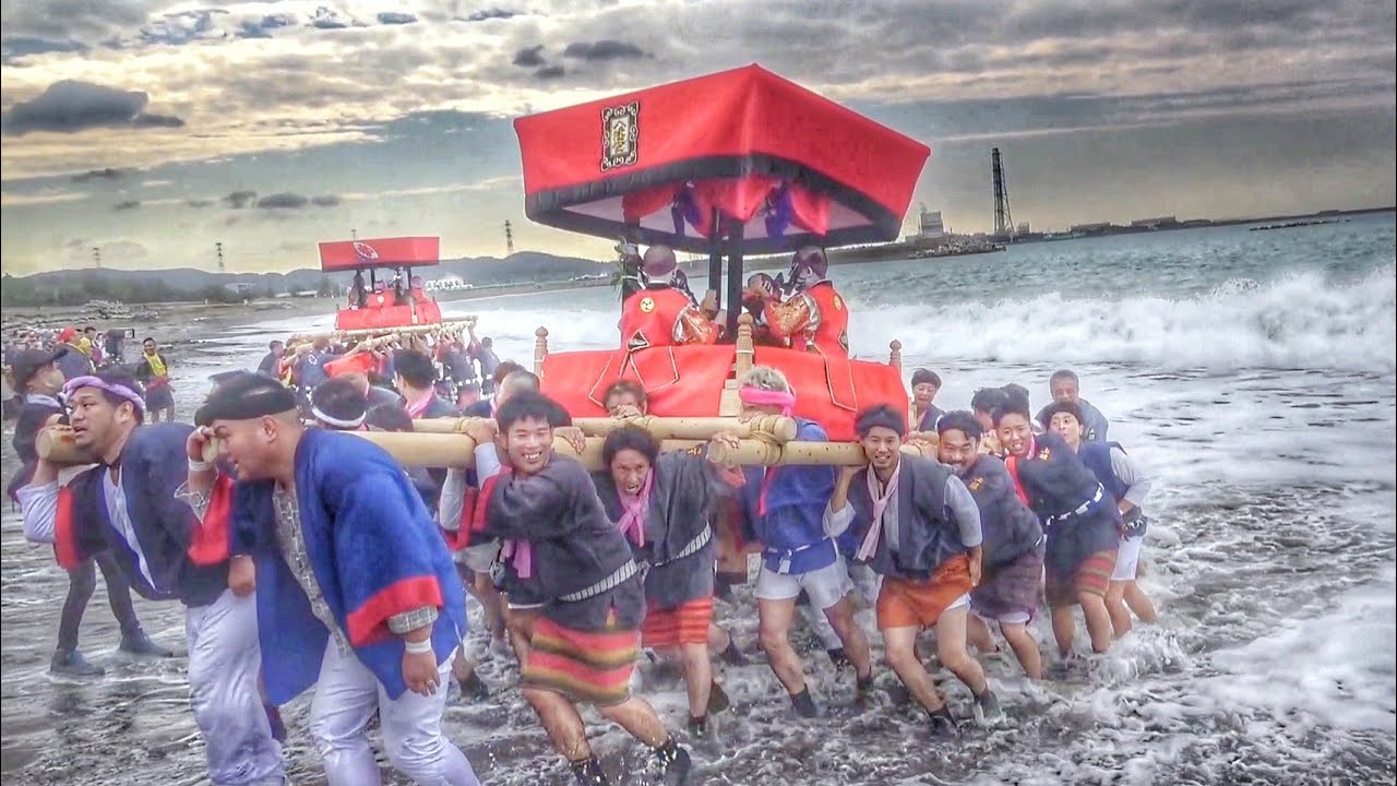 御坊祭 2023 本祭 四つ太鼓(太鼓台)の海入り·潮かけ 2023.10.05 和歌山県御坊市 小竹八幡神社 お渡り 5台の四つ太鼓が参加