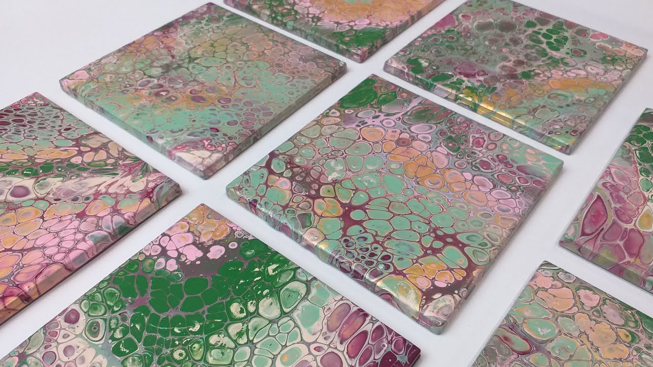 8 Flip Cup Coasters in pinks, greens and gold, gorgeous cells, acrylic paint pour, fluid art