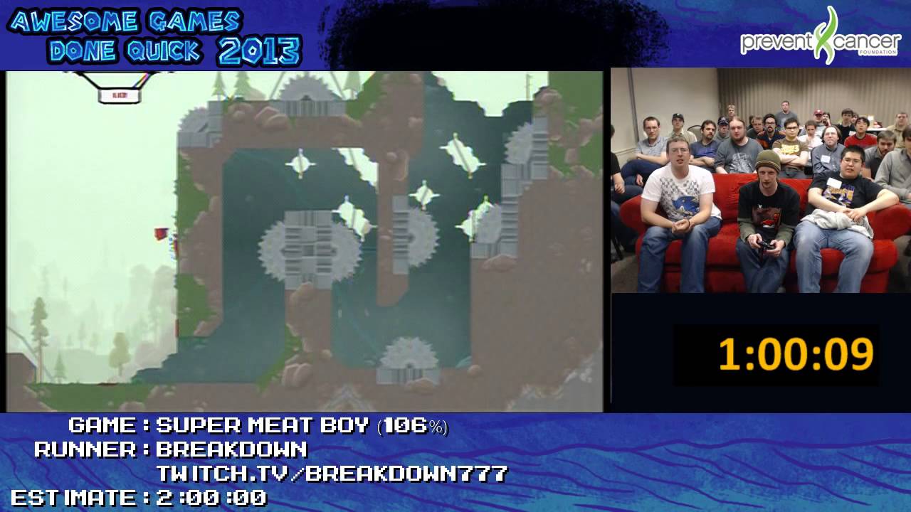 Super Meat Boy - Speed Run in 1:47:36 live (106% +Expert Remix) by Breakdown (AGDQ 2013)
