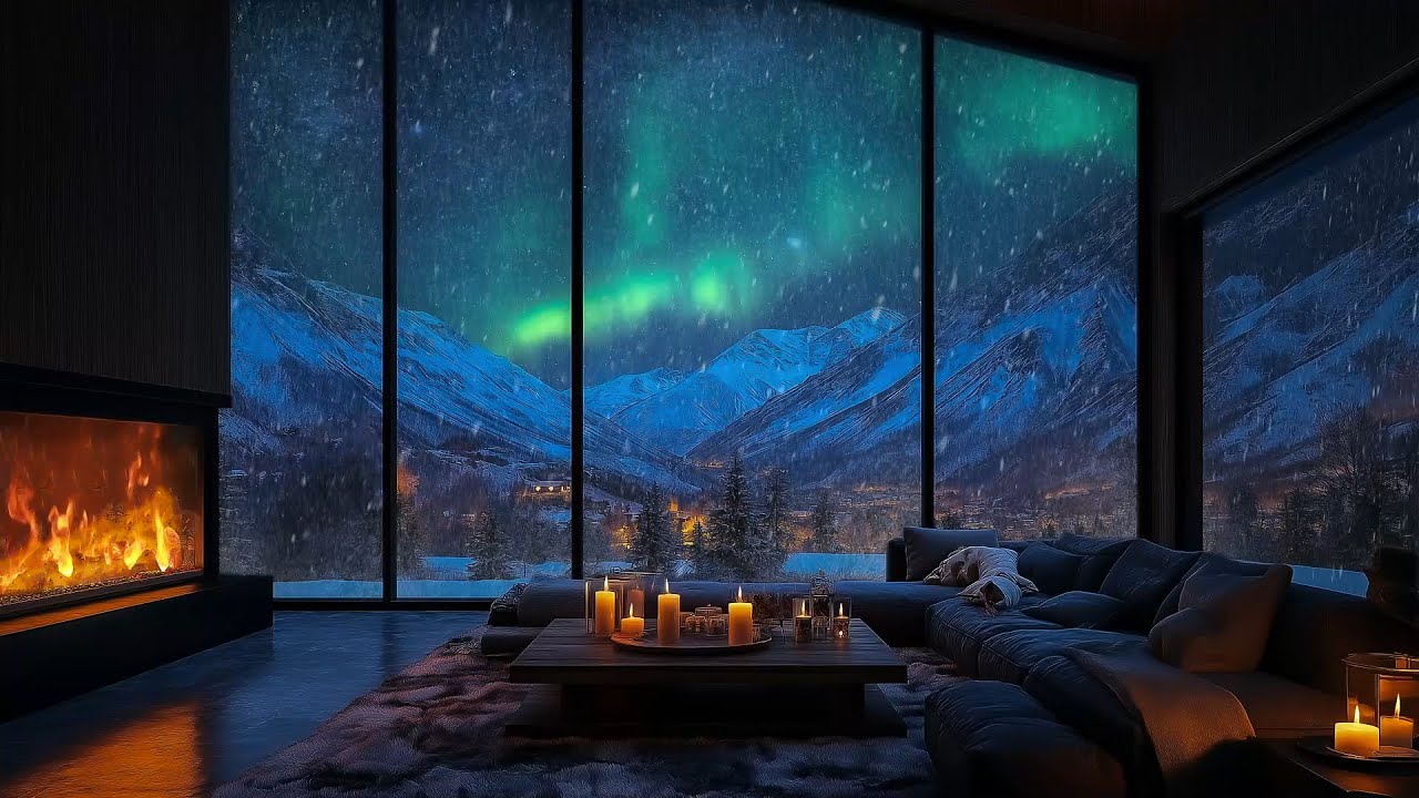 Aurora Night ASMR 🌌 Snowfall, Fireplace & Nature Ambience – Sleep, Study, Relax