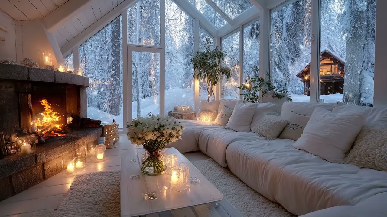 🎹💛Cozy White Lounge Piano | Fire Crackling & Snow Drifting | Deep Relaxation Meditation Focus Study
