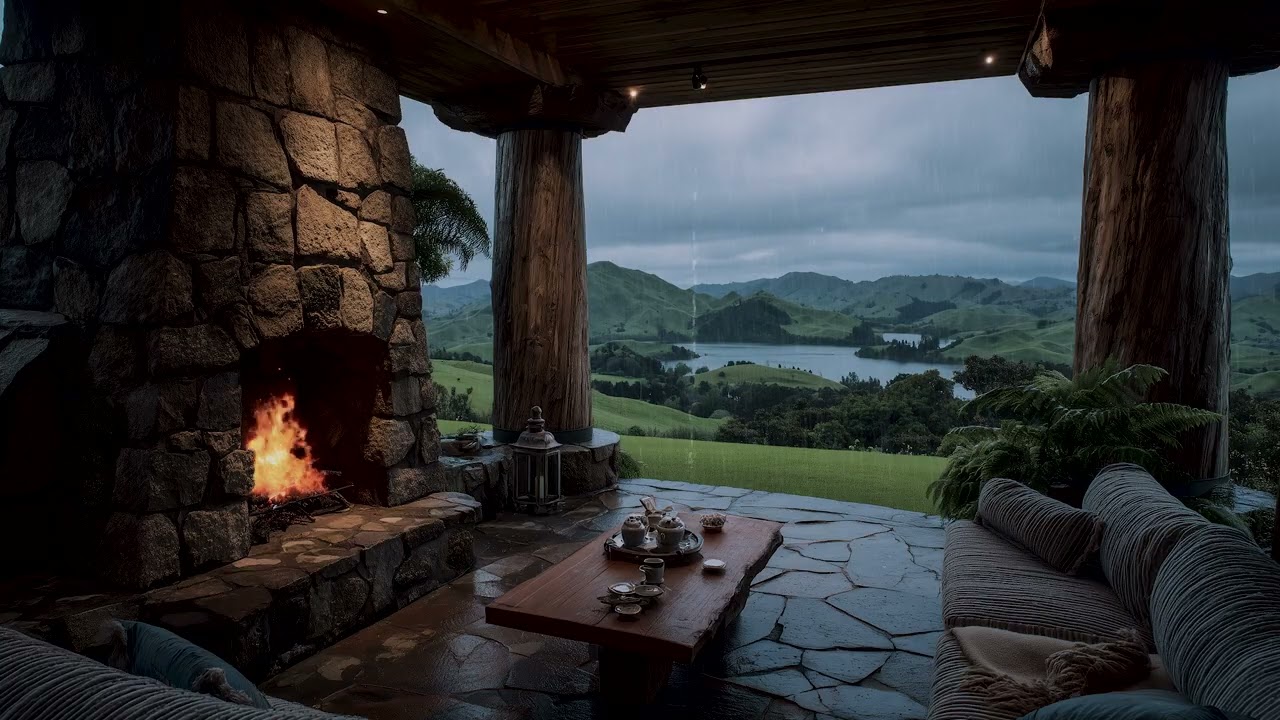 Sitting on the Porch in a Stormy Day | Heavy Rain & Fireplace Sounds for Deep Sleep