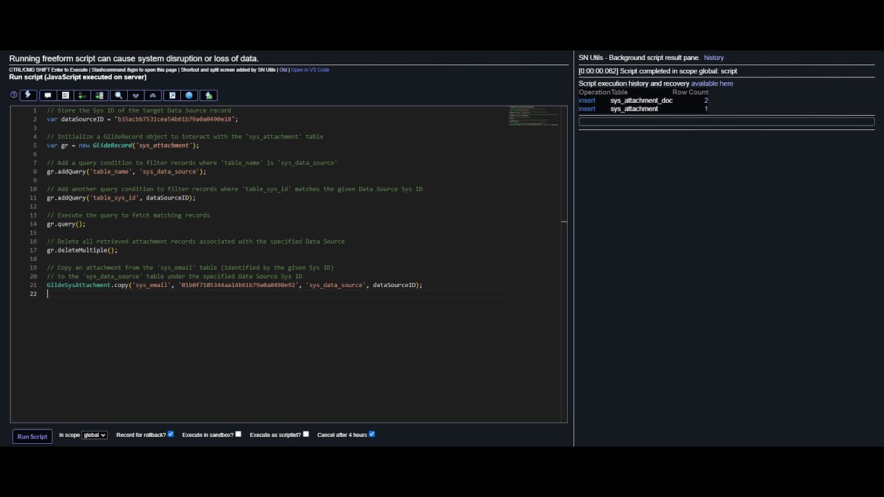 GlideSysAttachment.copy() | sys_attachment | deleteMultiple() | ServiceNow