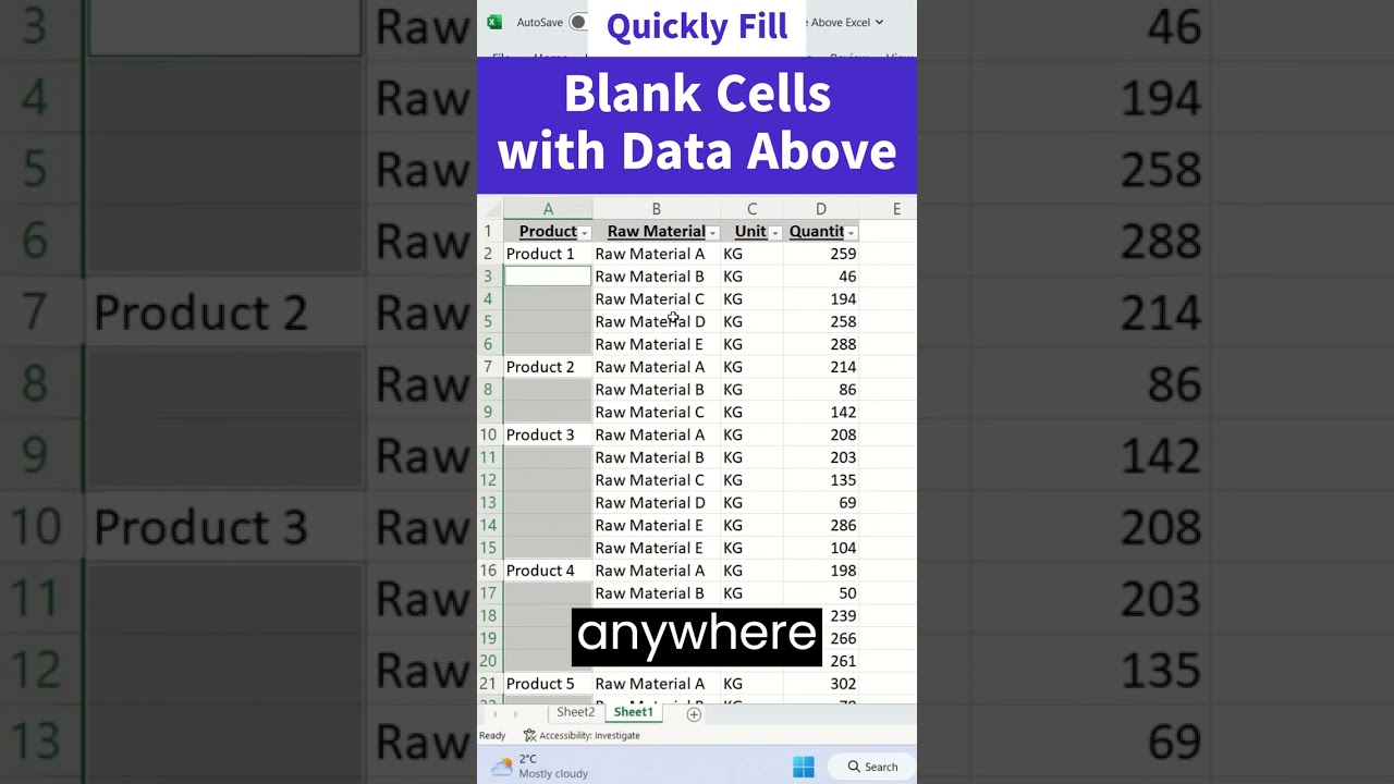 Quickly fill blank cells with data above in Excel