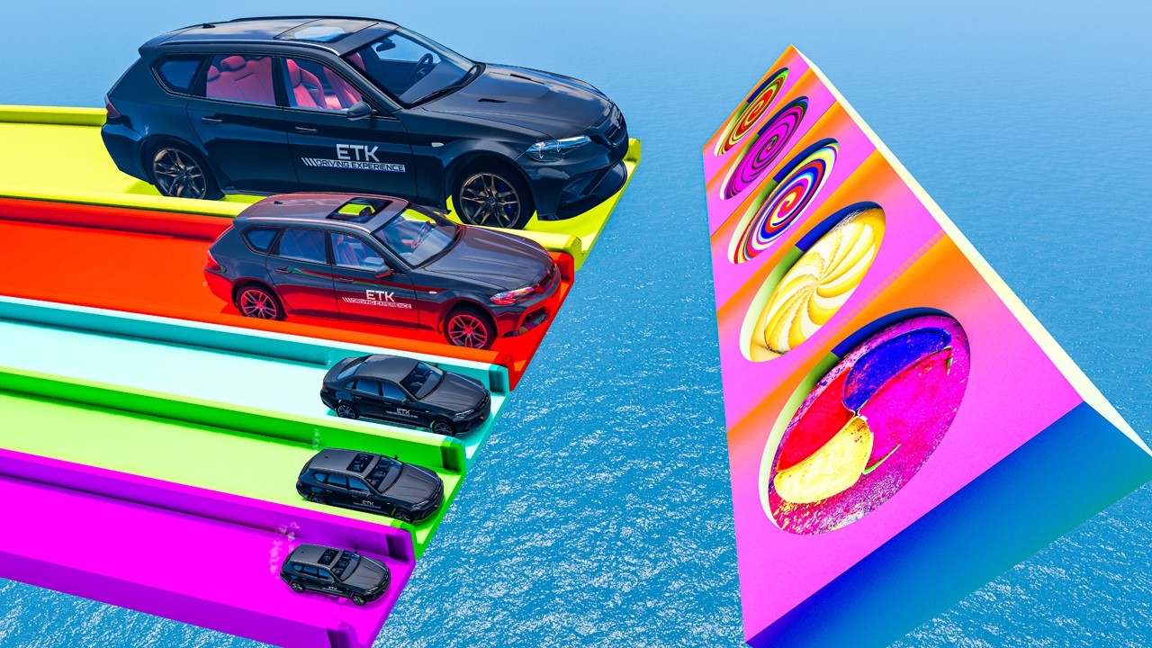 Big & Small Car vs Portal Trap with Slide Colors &ndash; Cars vs Trains vs Police vs Cannon &ndash; BeamNG.Drive